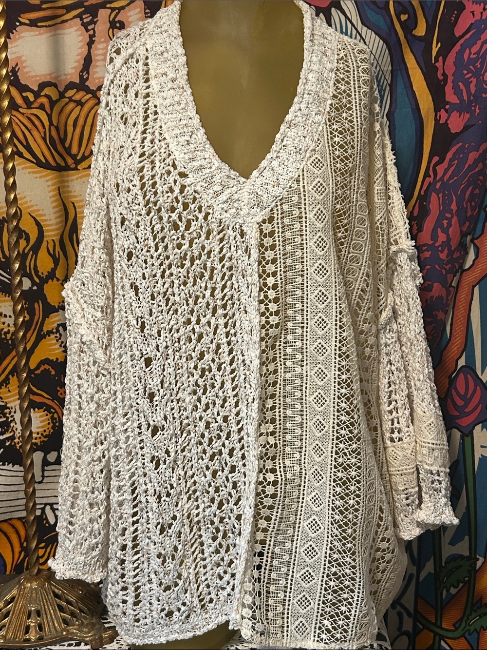 POL Cream Crochet V-Neck Sweater